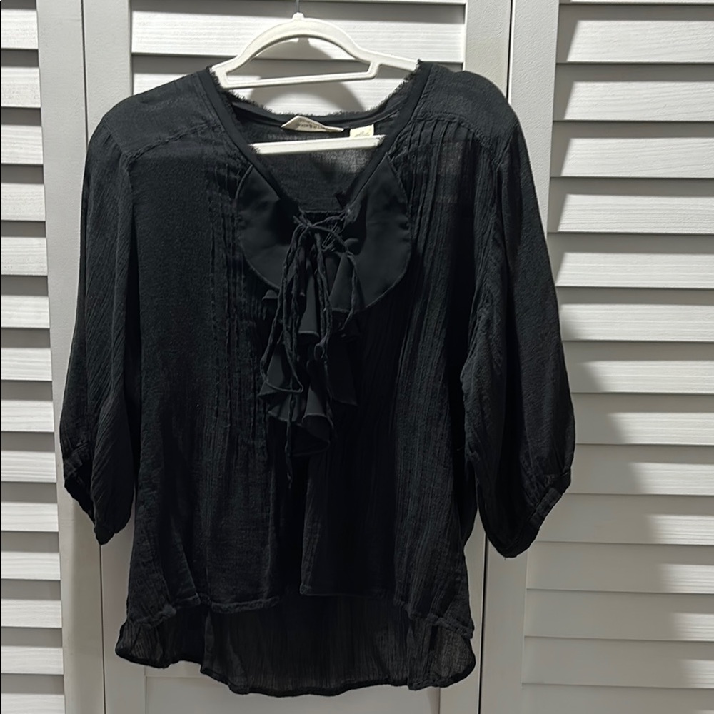 Denim & Supply Ralph Lauren Black Puff Sleeve Blouse with Ruffled Tie Front